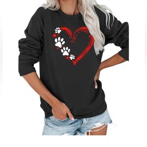 Women’s Top T-Shirt Paws 🐾 & Heart Print Black Long Sleeve Polyester Size XL